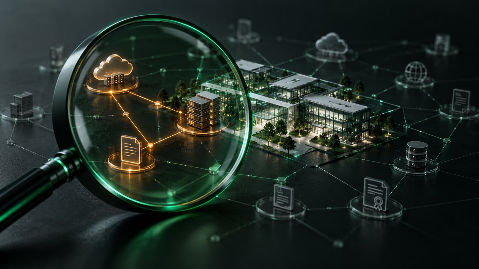 Conceptual illustration of a company's digital footprint viewed through an emerald lens, with amber connections highlighting selected exposures.