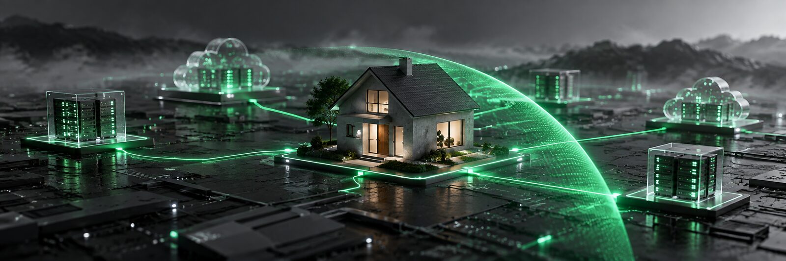 Conceptual illustration of a house connected to digital infrastructure, with a green scan representing continuous examination of security exposures.