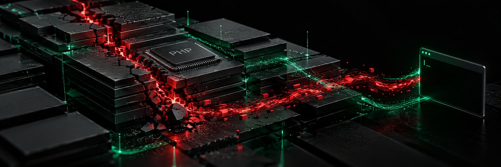 Conceptual illustration of a PHP processor chip on a dark circuit board, cracked open by a red fault line that streams across the board into a terminal window.